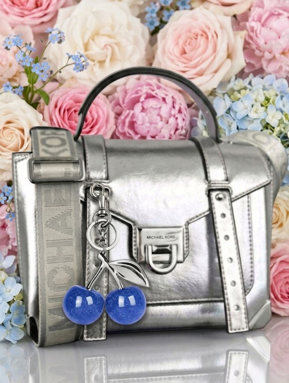 2pc Bundle Michael Kors Metallic Silver Top-Handle Satchel & Blue Cherry Charm